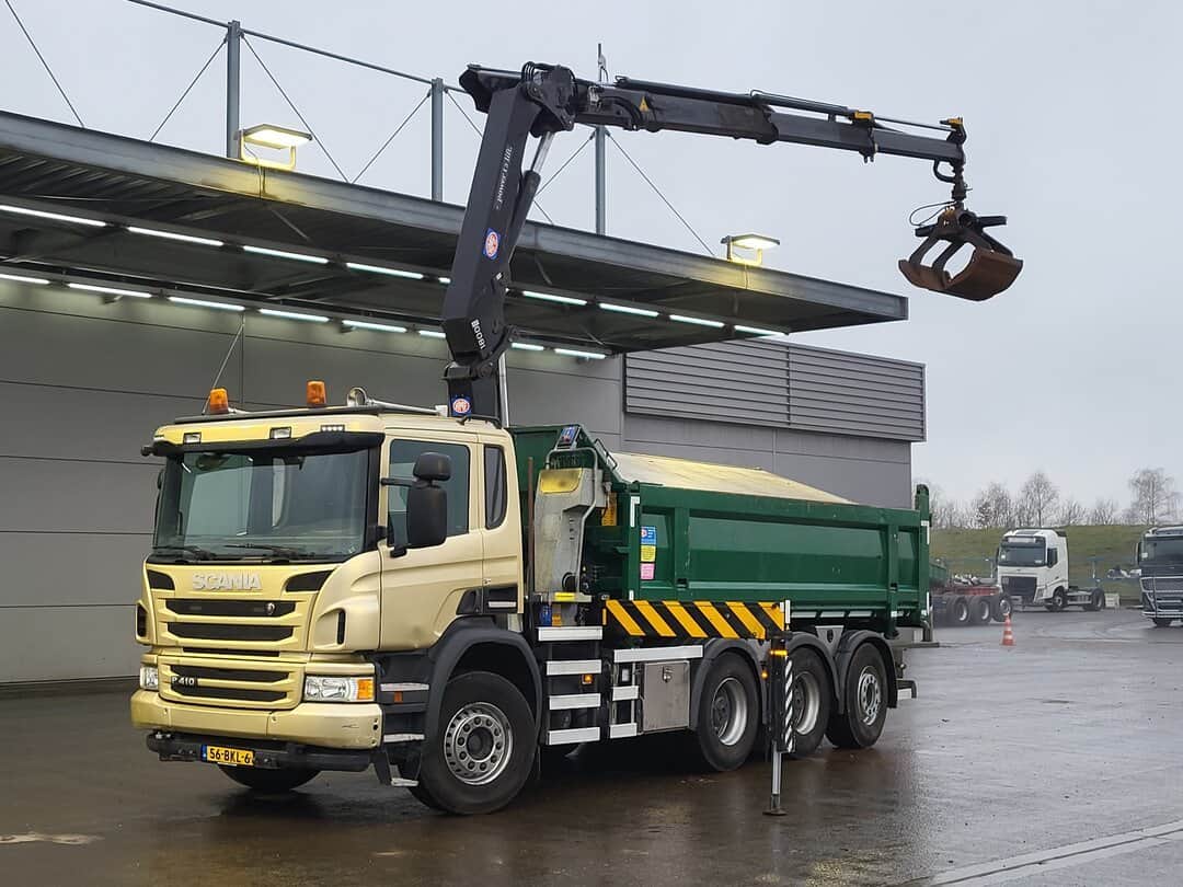 Scania P410 Tipper HMF 1800K3 Crane HSW 2-side tipper Lift+Steering axle